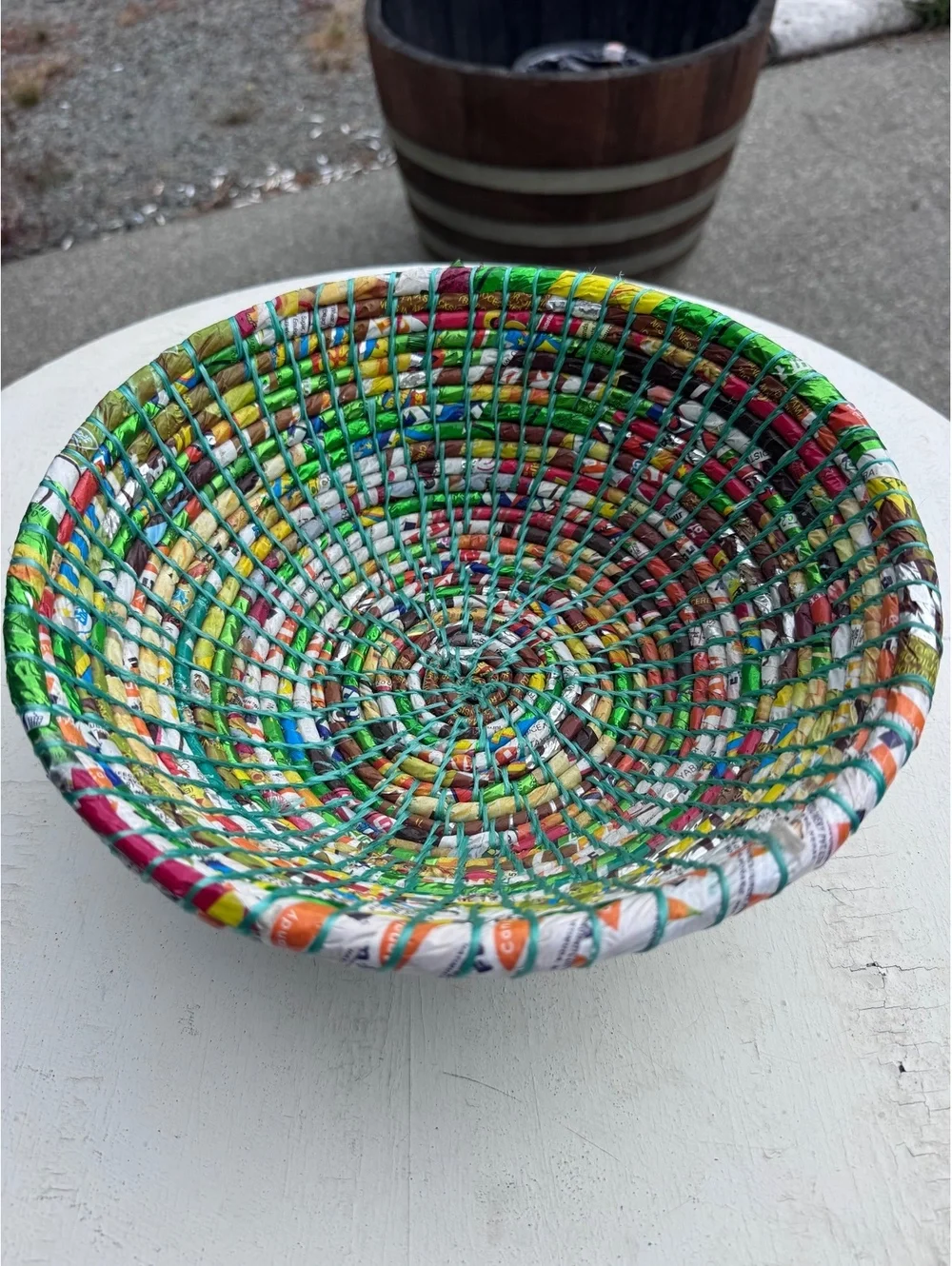 Handmade Upcycled Recycled Wrapper Basket Bowl Colorful Woven Folk Art 12”
